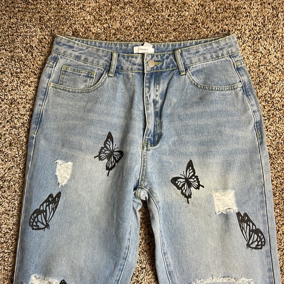 Forever 21 High Rise Light Denim Jeans Women Size Large Distressed Butterfly - Picture 4 of 11